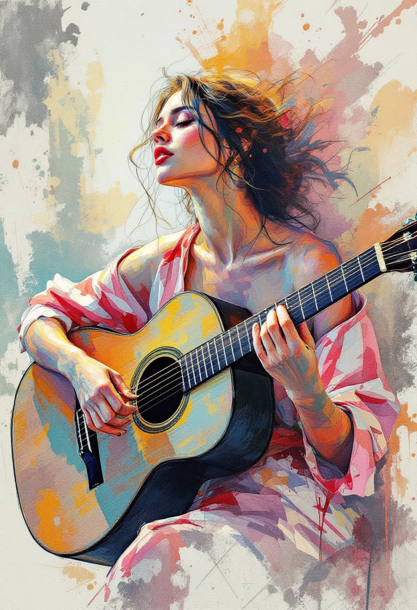 AI generated: Sketch Art, Beautiful Colored Pencil Line, Artistic Brush Strokes, Beautiful, Woman Playing Guitar, ...