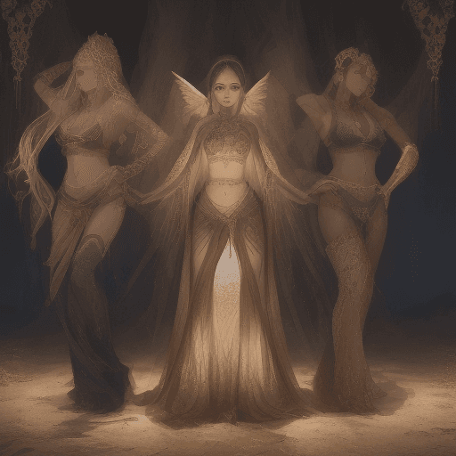 AI generated: Two majestic ample breasted  women stand confidently in a serene sand dance pit, surrounded by warm,...