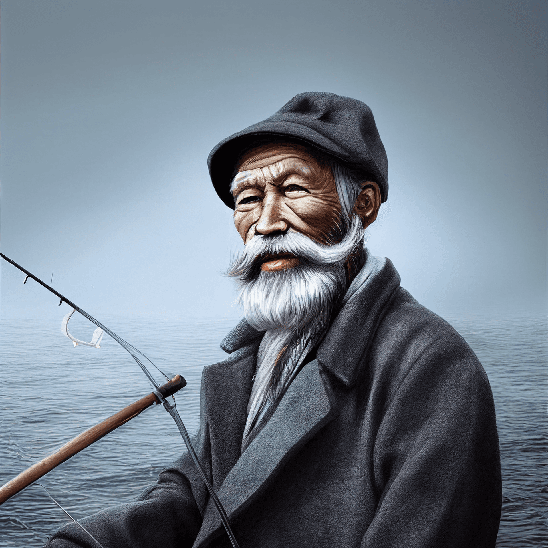 AI generated: old fisherman, long grey beard, long black coat, hat, boat, fishing rod