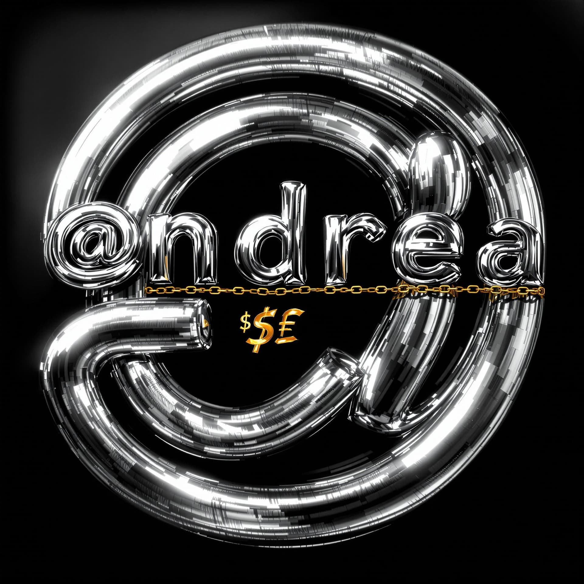 AI generated: draw the silver characters "@ndr€@" to a black shiny background, followed by a golden "$" sign and u...