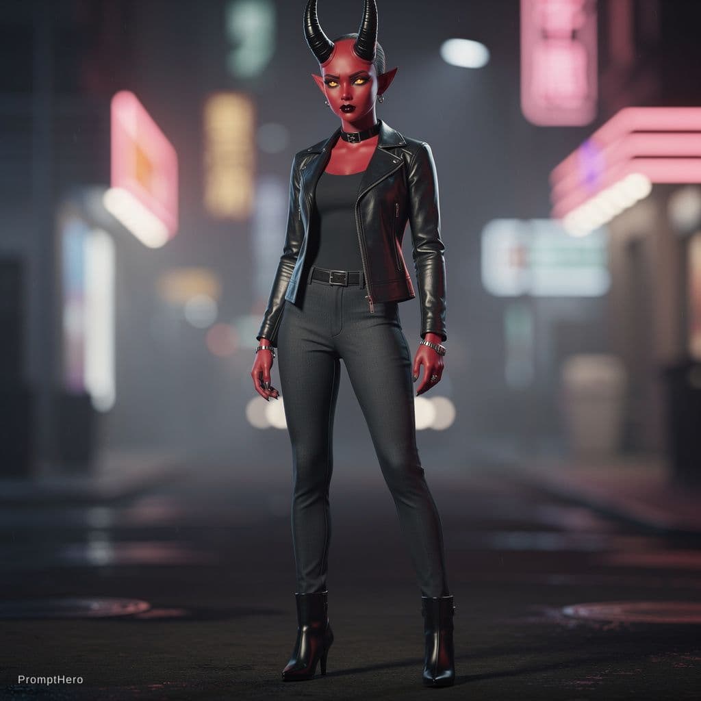 AI generated: slim demon girl with red skin and sleek horns. she is wearing thin, nearly transparent clothes