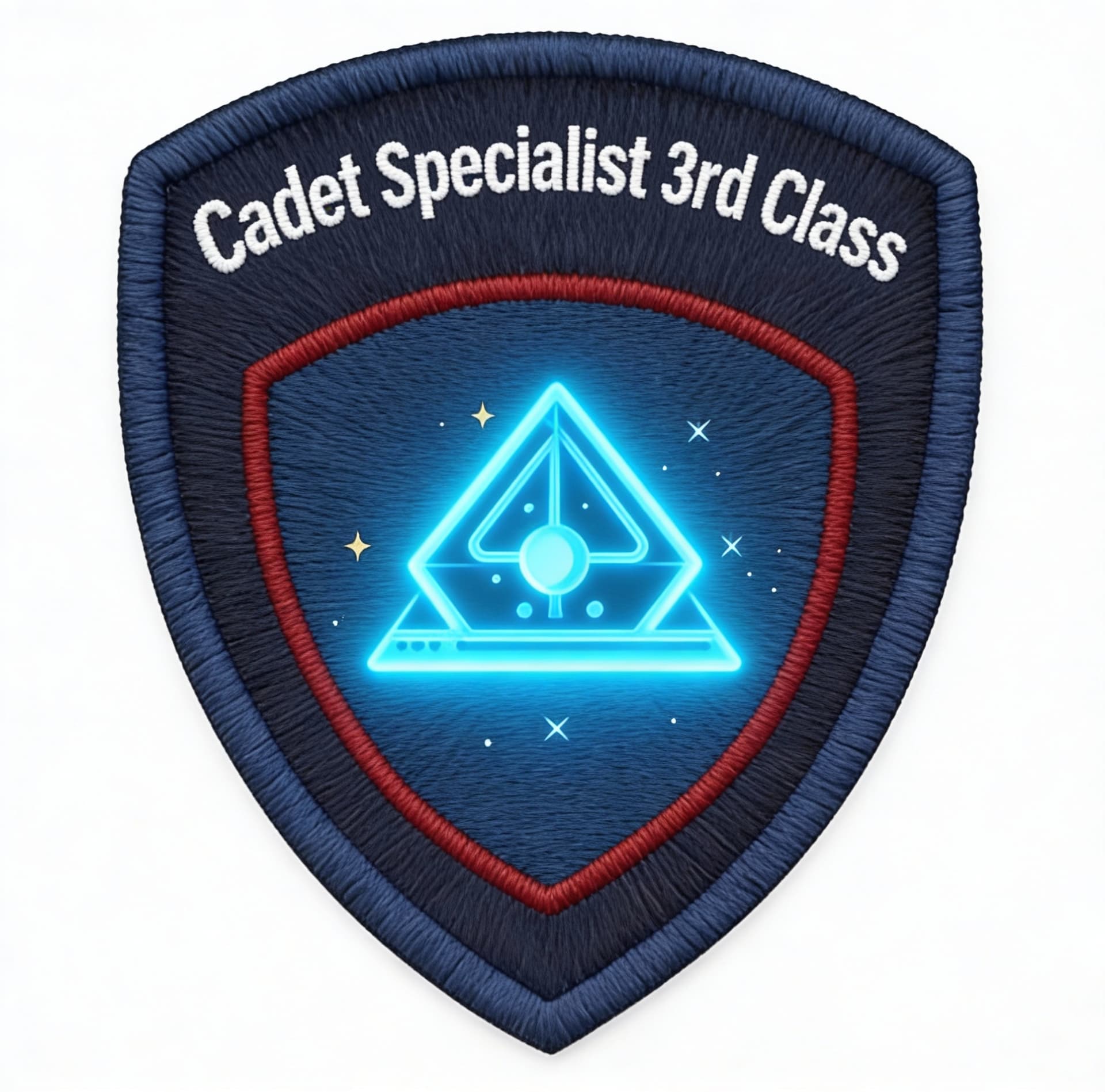 AI generated: Create Sci-Fi uniform patches. Use the reference image 1, and change Cadet Third-Class to Cadet Spec...