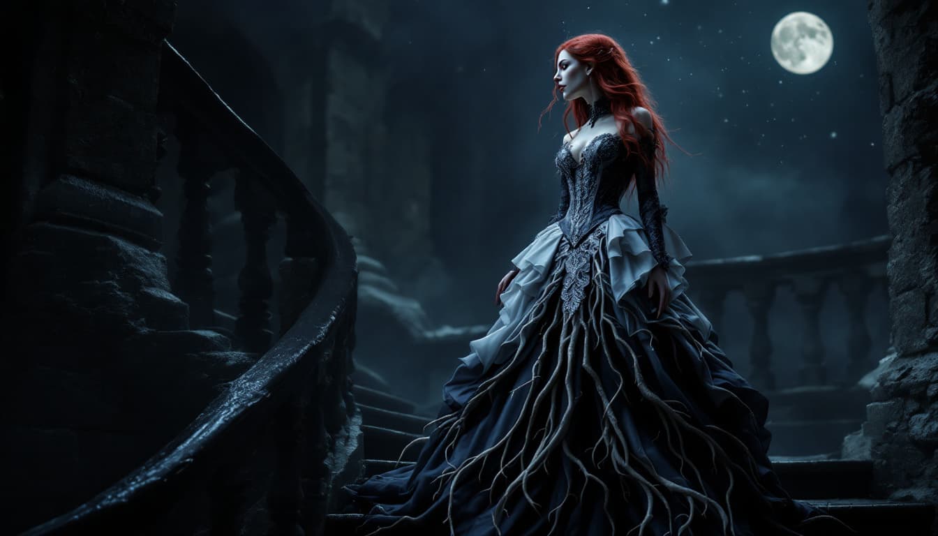 AI generated: A full shot of a female vampire with long crimson colored hair dressed in a gown with a Victorian-er...