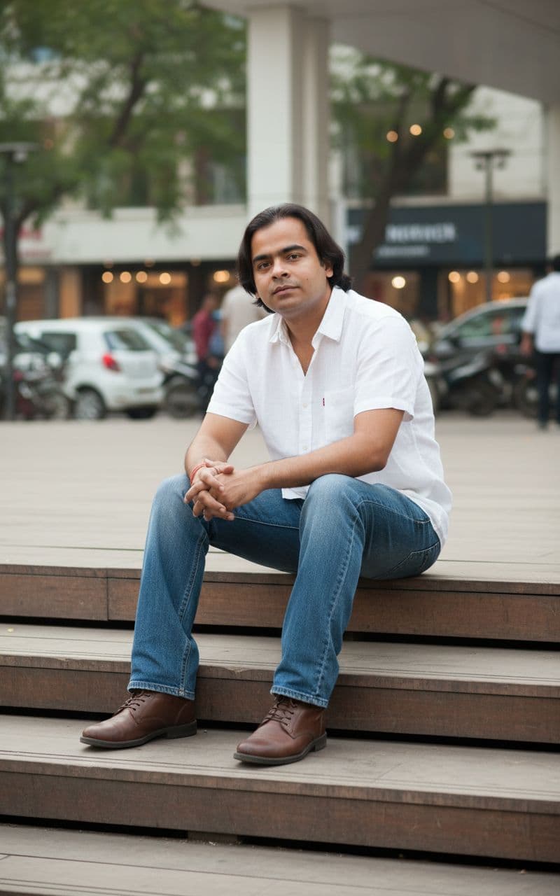 AI generated: Outdoor shot of a man in background of new friends colony cc market( new delhi)  (referencing the up...