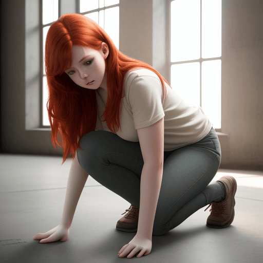 AI generated: < redhead girl, full body, on knees and hands on the  floor natural lighting, 4k, photography, photo...