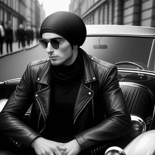 AI generated: Black and white street photography of an attractive man in leather jacket with headscarf sitting ins...