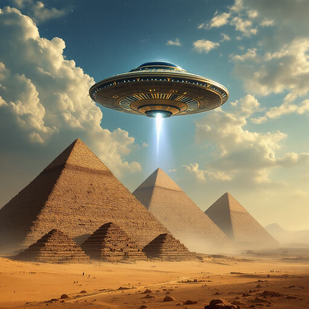 AI generated: UFO hovering over Egyptian pyramids,epic ,in the ancient egypt