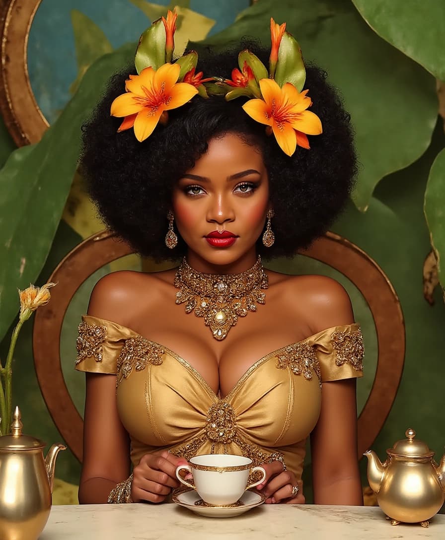 AI generated: “Elegant, hyper-stylized anime portrait of a regal African-American woman with rich brown skin and n...