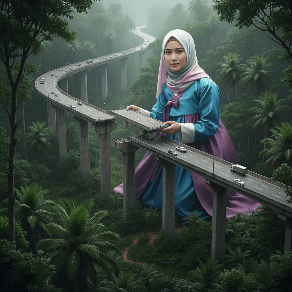 AI generated: giant Muslim woman in blue-purple hanbok with matching hijab, kneeling in lush jungle, holding final...
