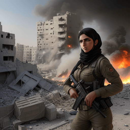 AI generated: A realistic image of a palestinian soldier in a war gaza city, her facial expression is one of confu...