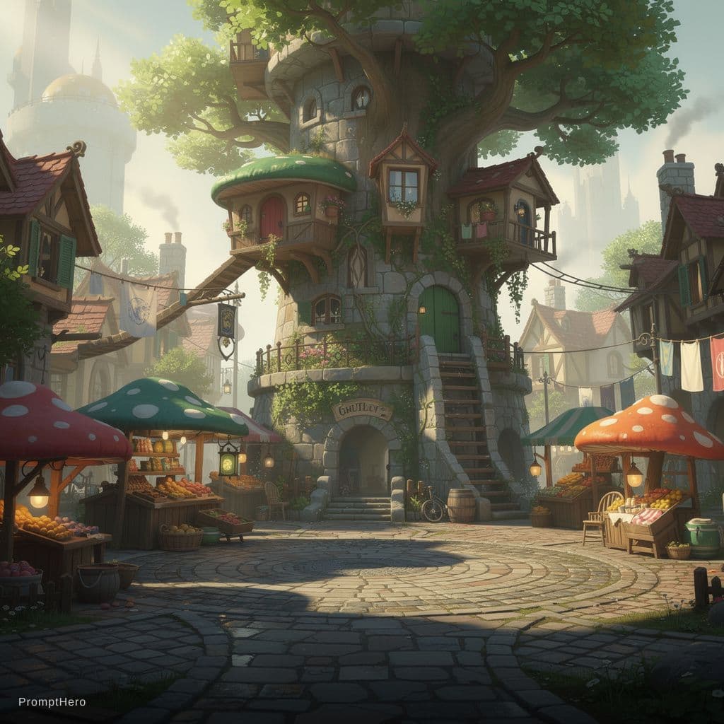 AI generated: "fantasy town, treehouses intertwined with ancient stone towers, mushroom-shaped stalls, cobblestone...