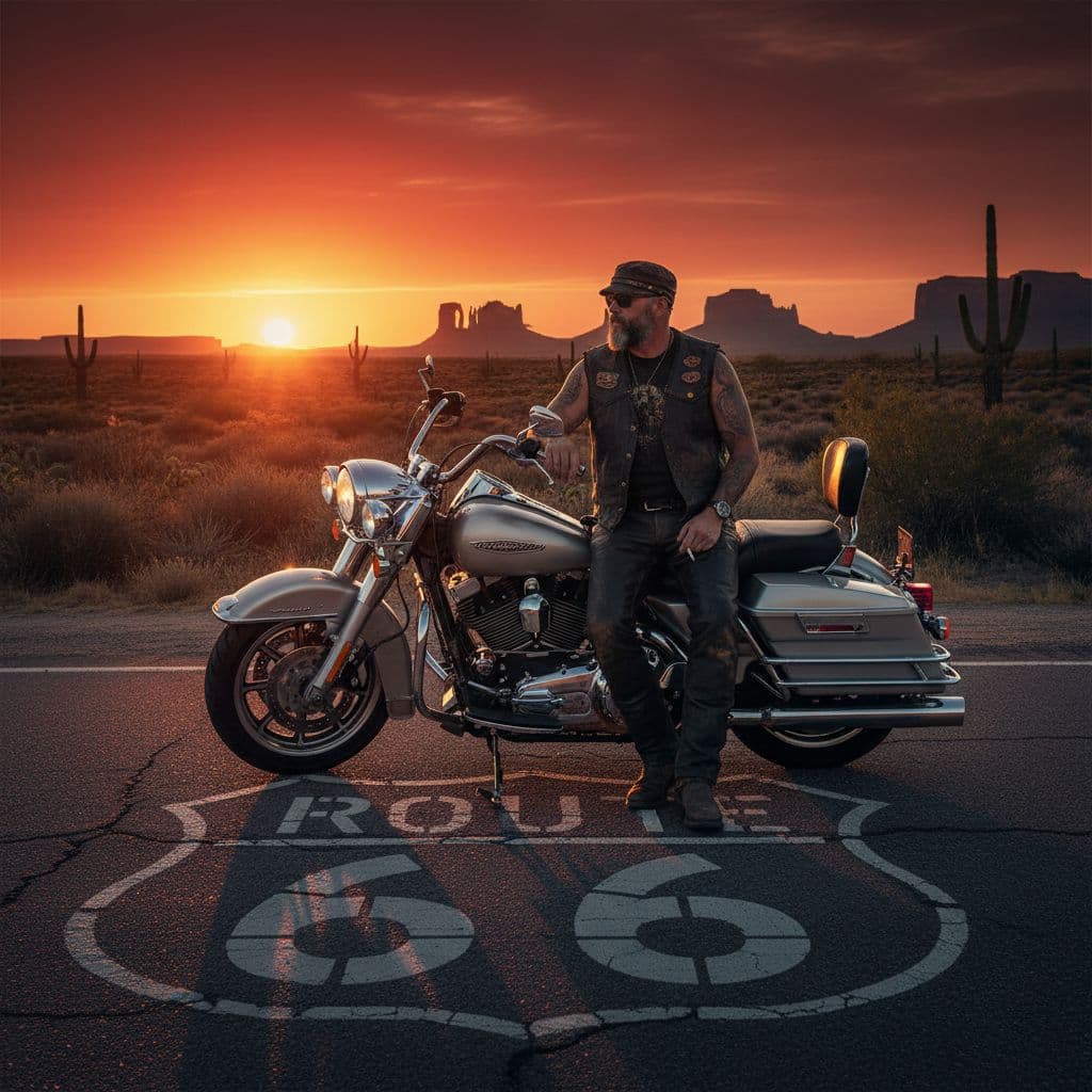 AI generated: picture ultra realistic biker on a harley davidson motorcycle on the road 66 sunset side view --ar 4...
