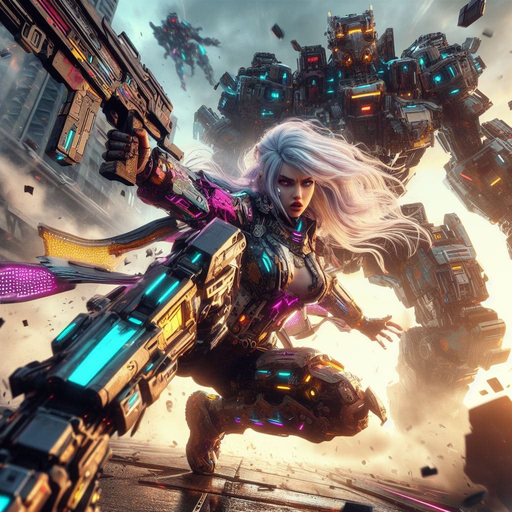 AI generated: urbanpunk, low angle shot, a pretty cyborg ninja with multicolor notched light cyberpunk armor, pret...