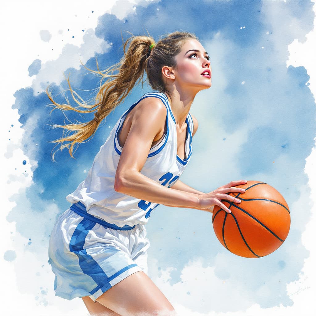 AI generated: Watercolor painting of a beautiful girl playing basketball