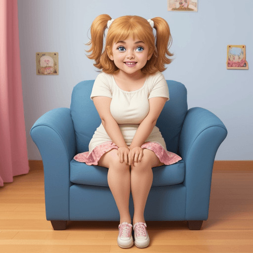 AI generated: background image, Cartoon girl smiling, cute, big beautiful eyes, fully seated, stay in home