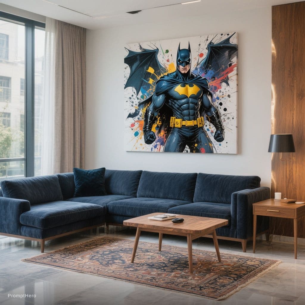 AI generated: photograph, contemporary lounge, morning, polished tile slab, rug features, Batman illustration art ...