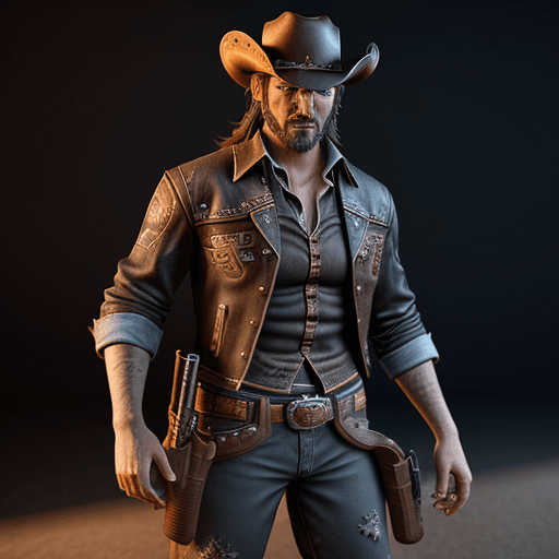 AI generated: Hyper realistic render of a gunslinger outlaw cowboy, macro shot, 3D-model, western, exaggerated, un...