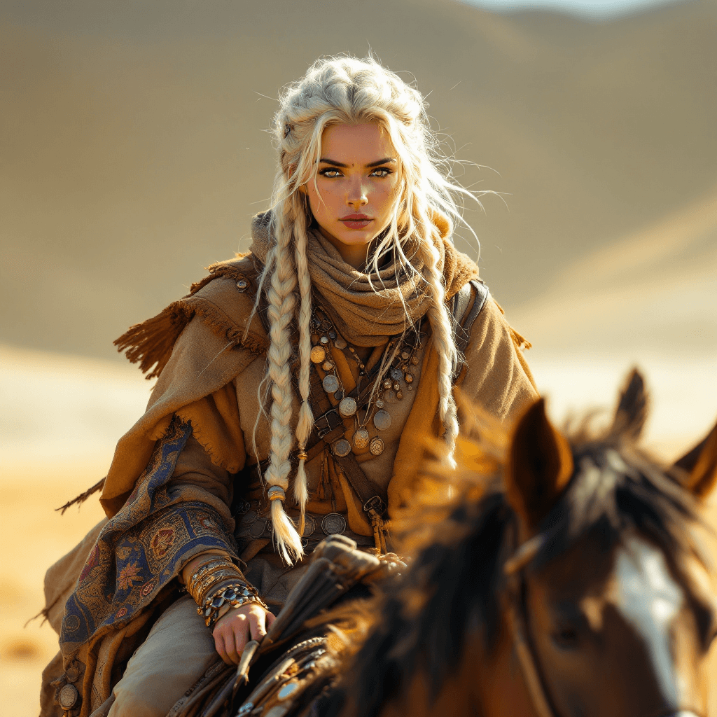 AI generated: The Nomad of the Golden Steppe: A free-spirited traveler with long, braided platinum blonde hair, of...