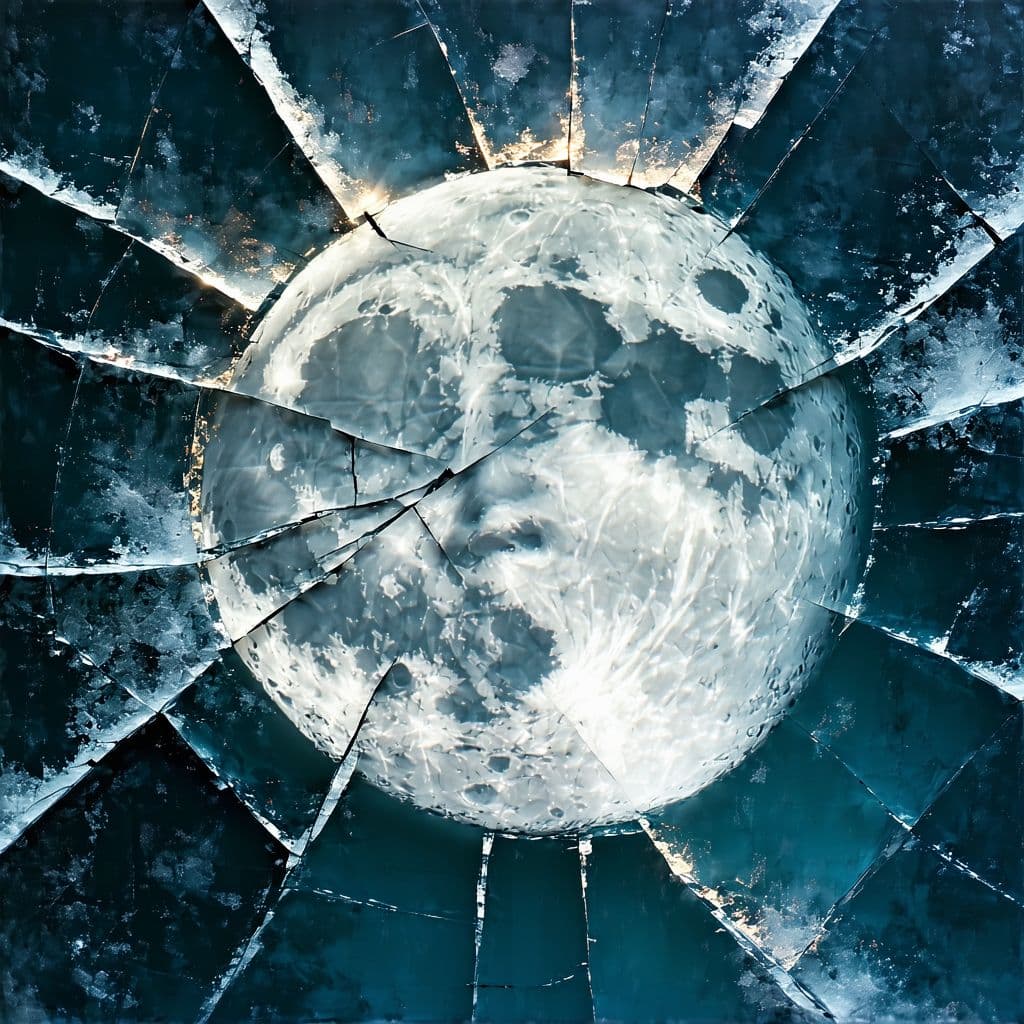 AI generated: top-down view, highly surreal, hyperrealistic, moody winter night, fractured glassy ice surface with...
