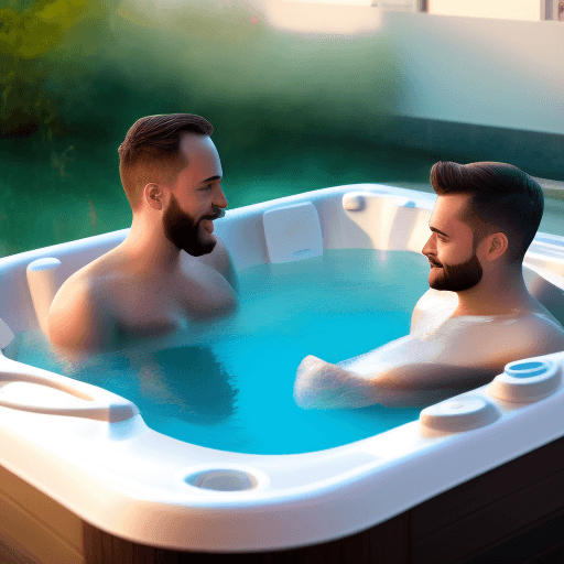 AI generated: two bros chilling in a hot tub 5 feet apart because they ’ re not gay, trending on artstation, award...