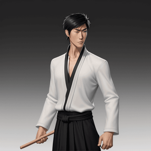 AI generated: A tall young man resembling like
 Jet Li and Jackie Chan mythology, leans in a sophisticated and cha...