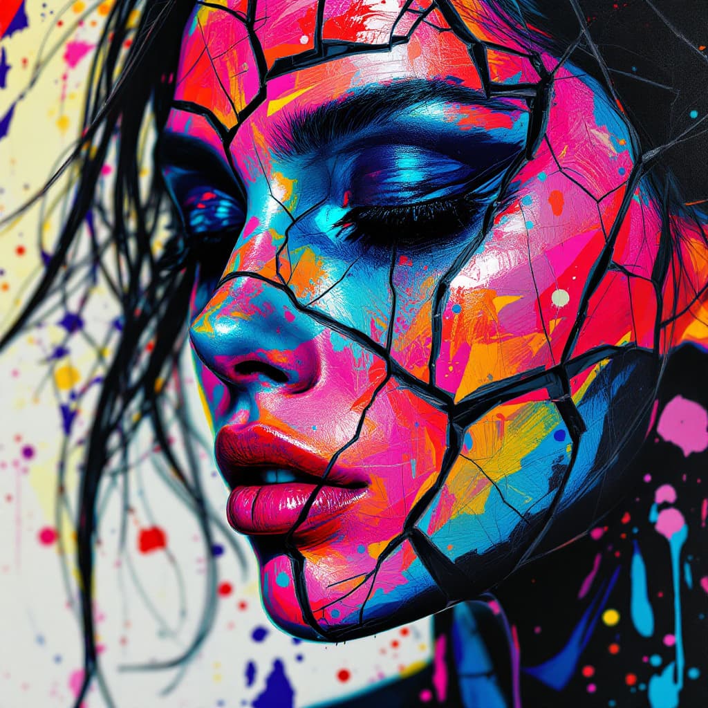 AI generated: double exposure of acrylic paint, abstract womanâs face, in the style of shattered, segmented crac...