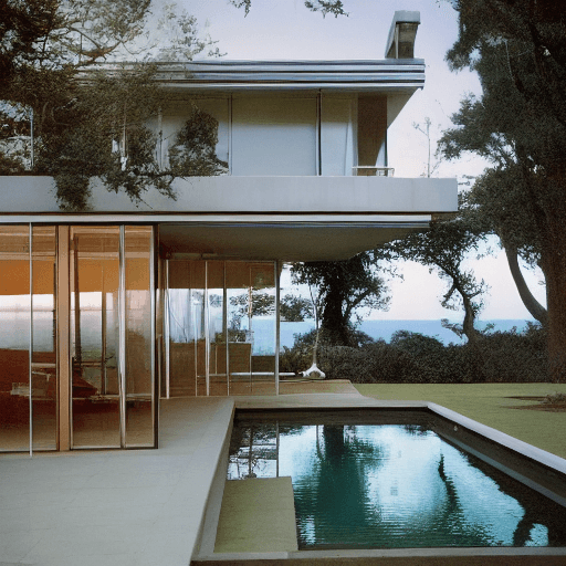 AI generated: Hyper realistic eye level exterior photo of a mid century modern style house overlooking the ocean, ...