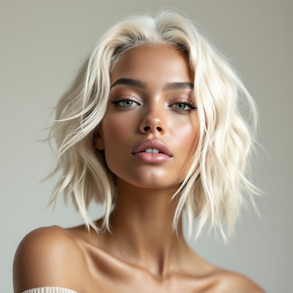 AI generated: A 25-year-old American woman with platinum hair and luminous skin, wearing a soft beige off-shoulder...
