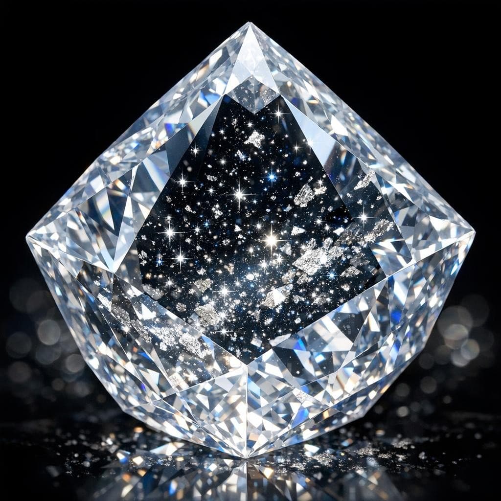 AI generated: a brilliant crystal made of diamond with shards of platinum flakes through out it like stars in the ...