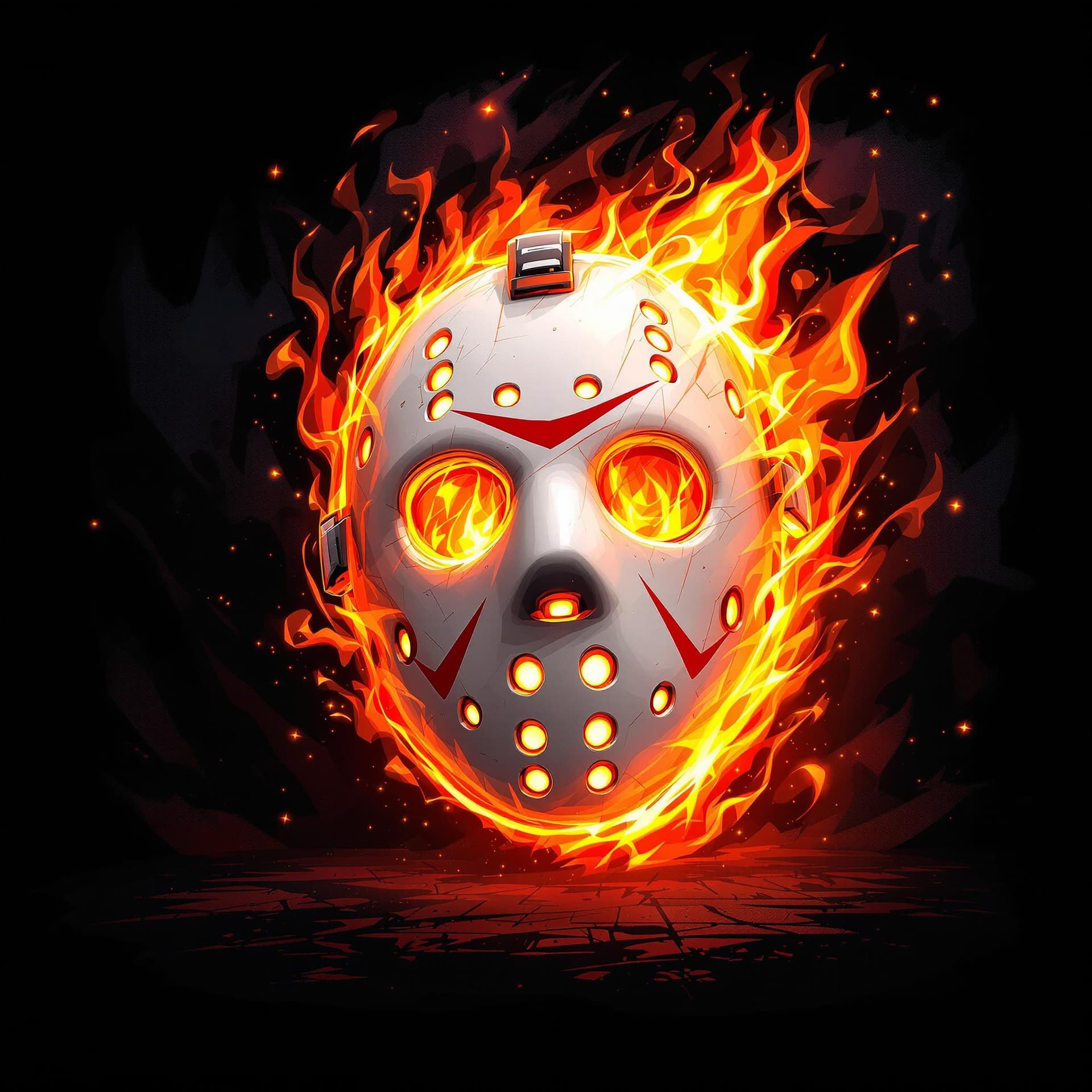 AI generated: a white hockey mask engulfed in flames with a dark abstract background, cinematic, hyper realism, hi...
