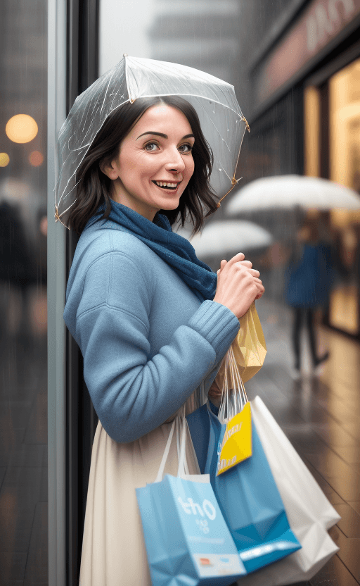 AI generated: Woman clutching a blue shopping bag and radiating happiness, caught mid-stride on a rainy bustling h...