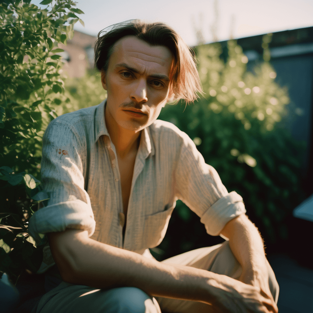 AI generated: An intense image of a Russian artist in a rooftop garden during summer, bathed in warm sunlight, wit...