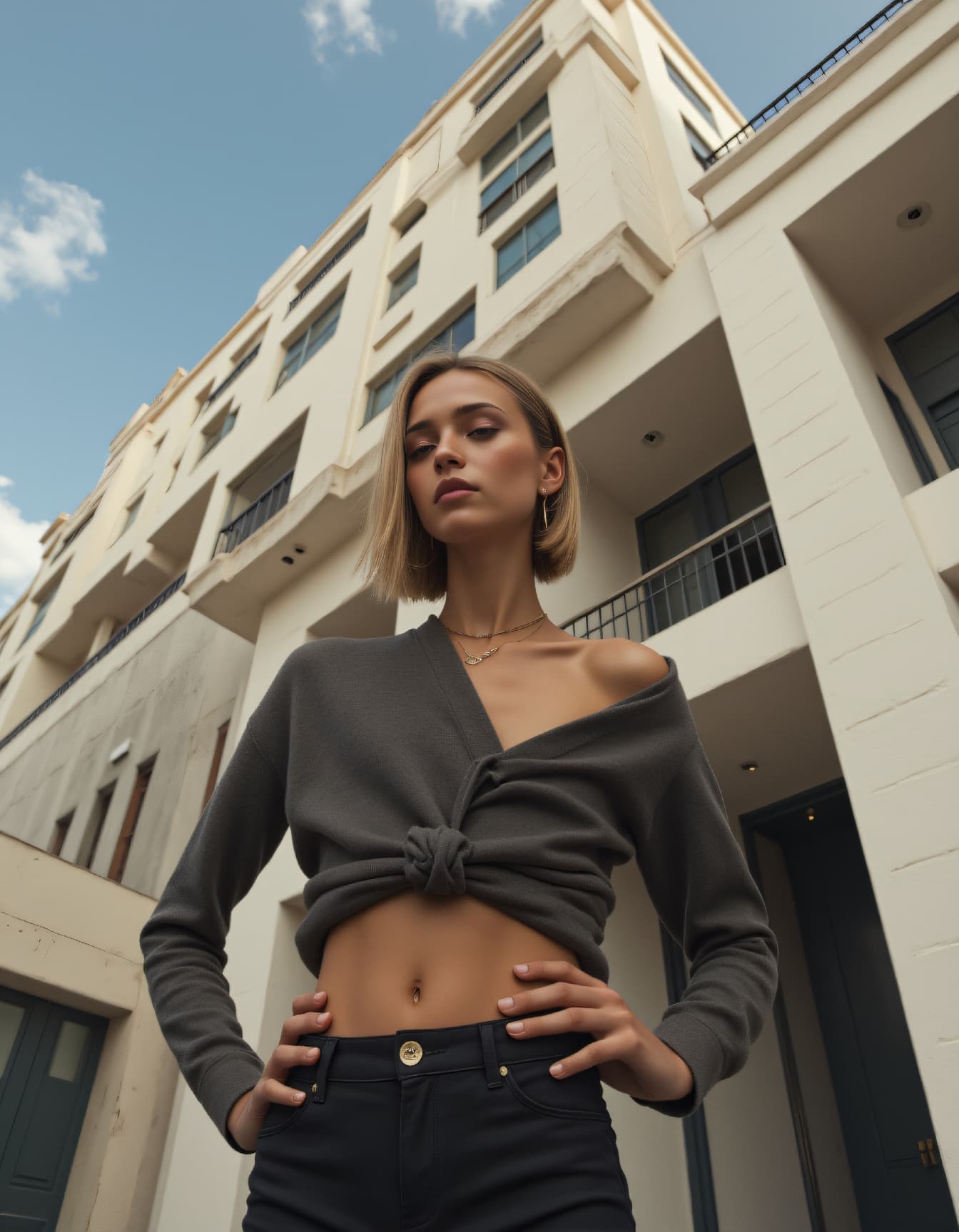 AI generated: instant photo, Brutalist high Fashion low angle photo
of a 24 year old Mi’kmaq-Nigerian female playf...