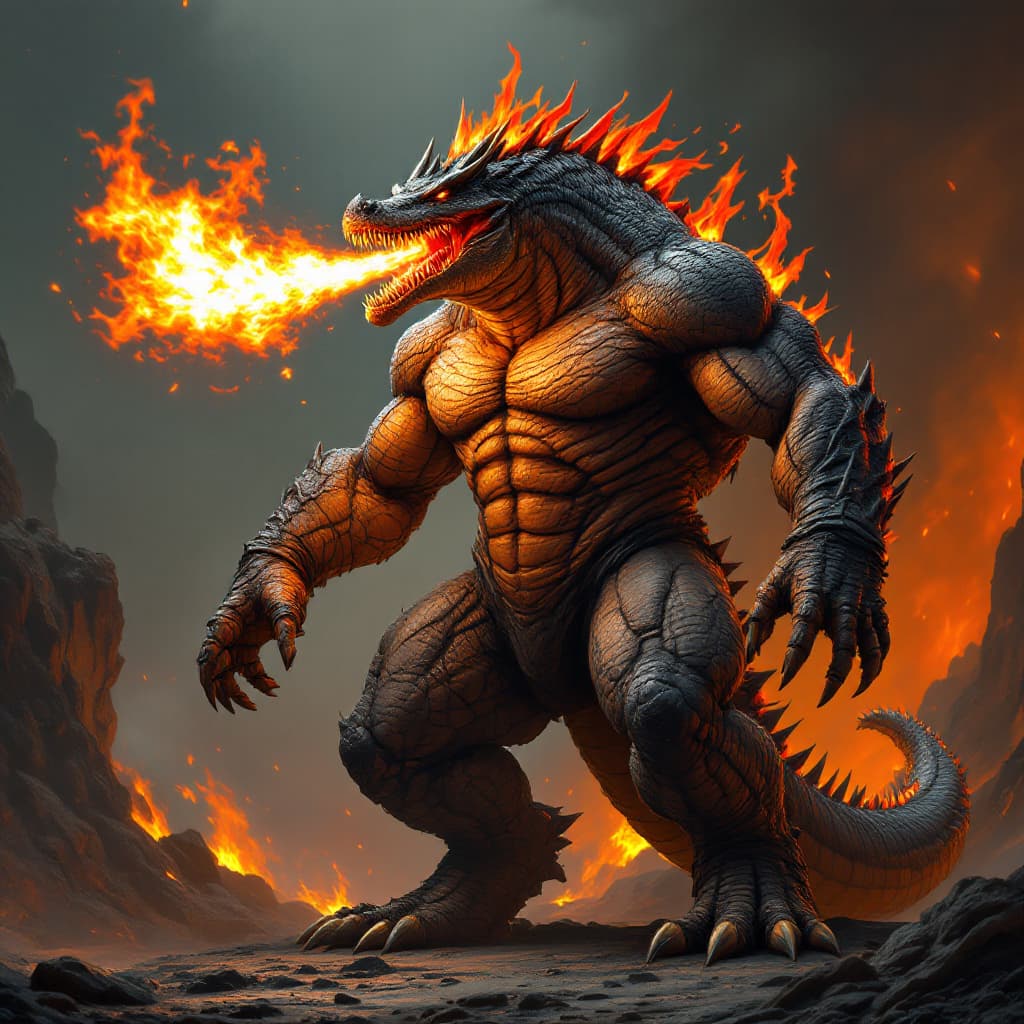 AI generated: A muscular, humanoid dinosaur crocodile with a powerful build. Its body combines the massive, scaly ...