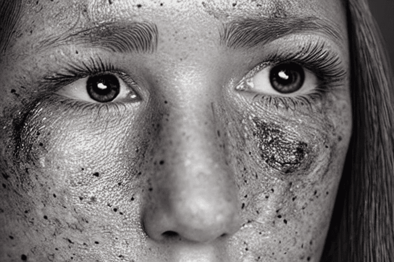 AI generated: A close-up of a woman's face with natural lighting. Her skin has a slight texture and imperfections ...