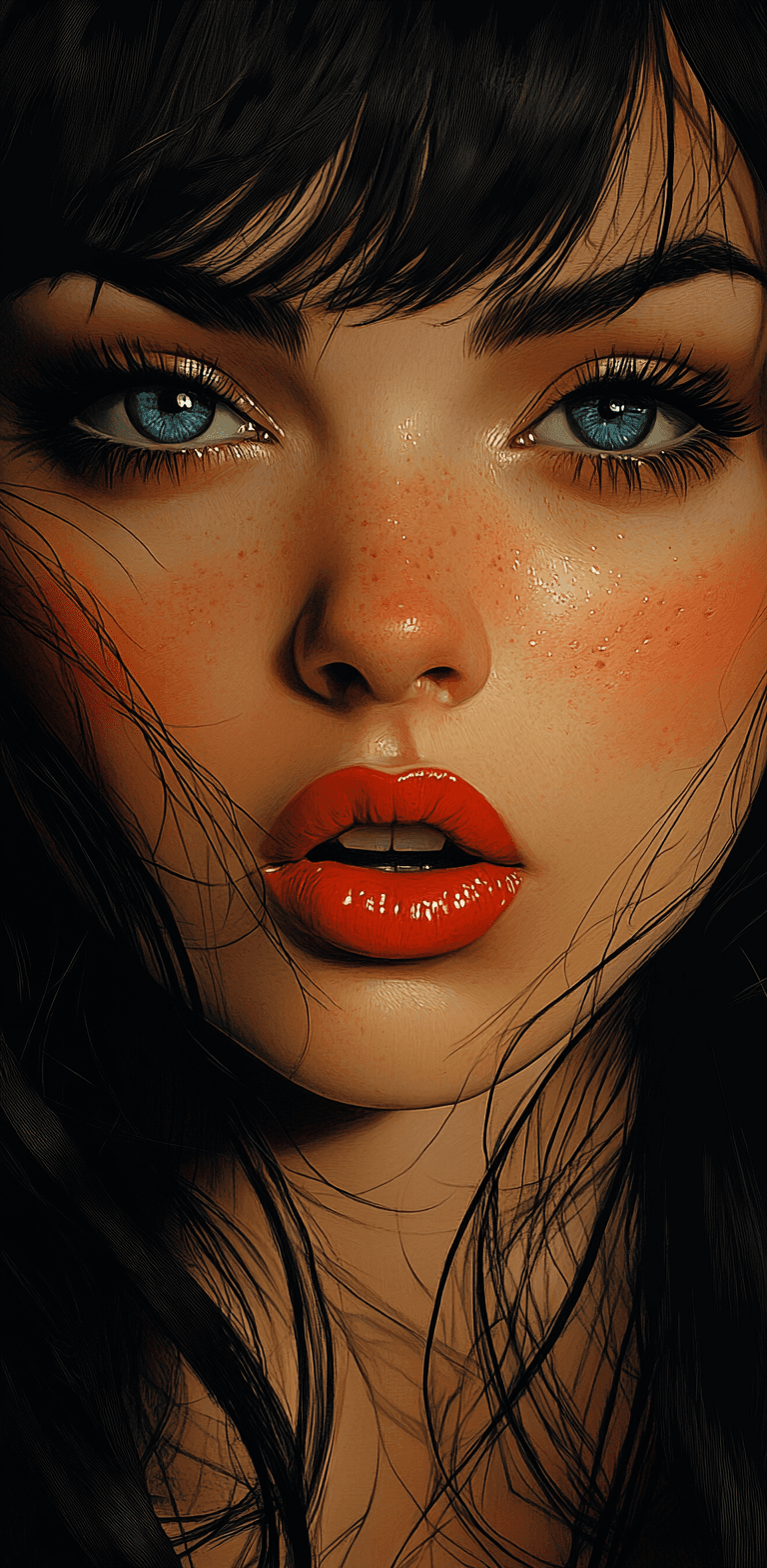AI generated: girl with black hair and blue eyes, in the style of patrick nagel, dark orange and beige, movie post...