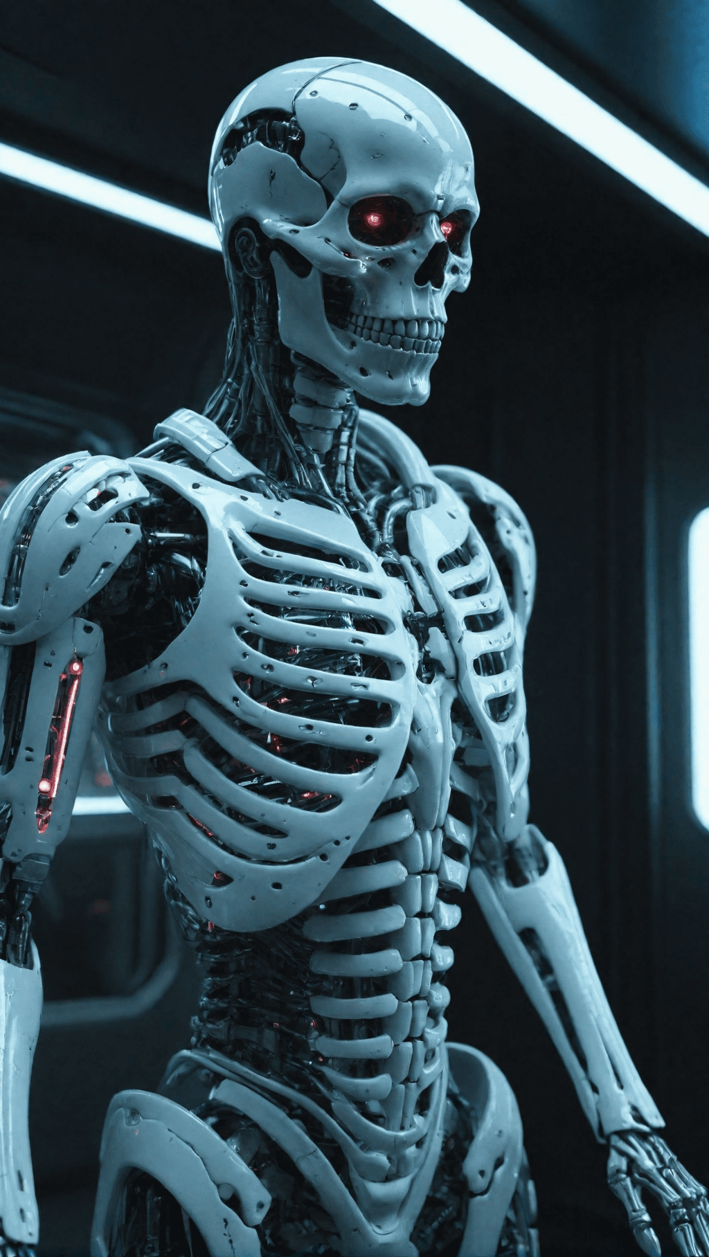AI generated: Ultra-detailed cyborg in a spaceship, with anthropomorphic cybernetic skeleton elements on metal arm...