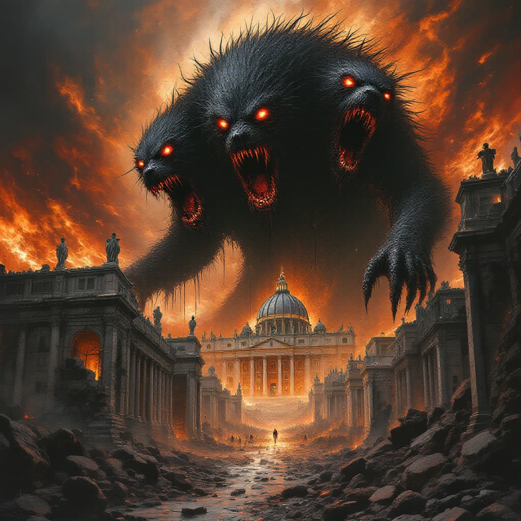 AI generated: A towering, nightmarish Cerberus-like monster rampages through the ruins of Vatican City in a dramat...