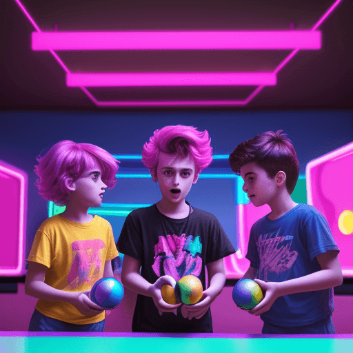 AI generated: "Boys and girls playing with colorful canon balls. synthwave neon retro"