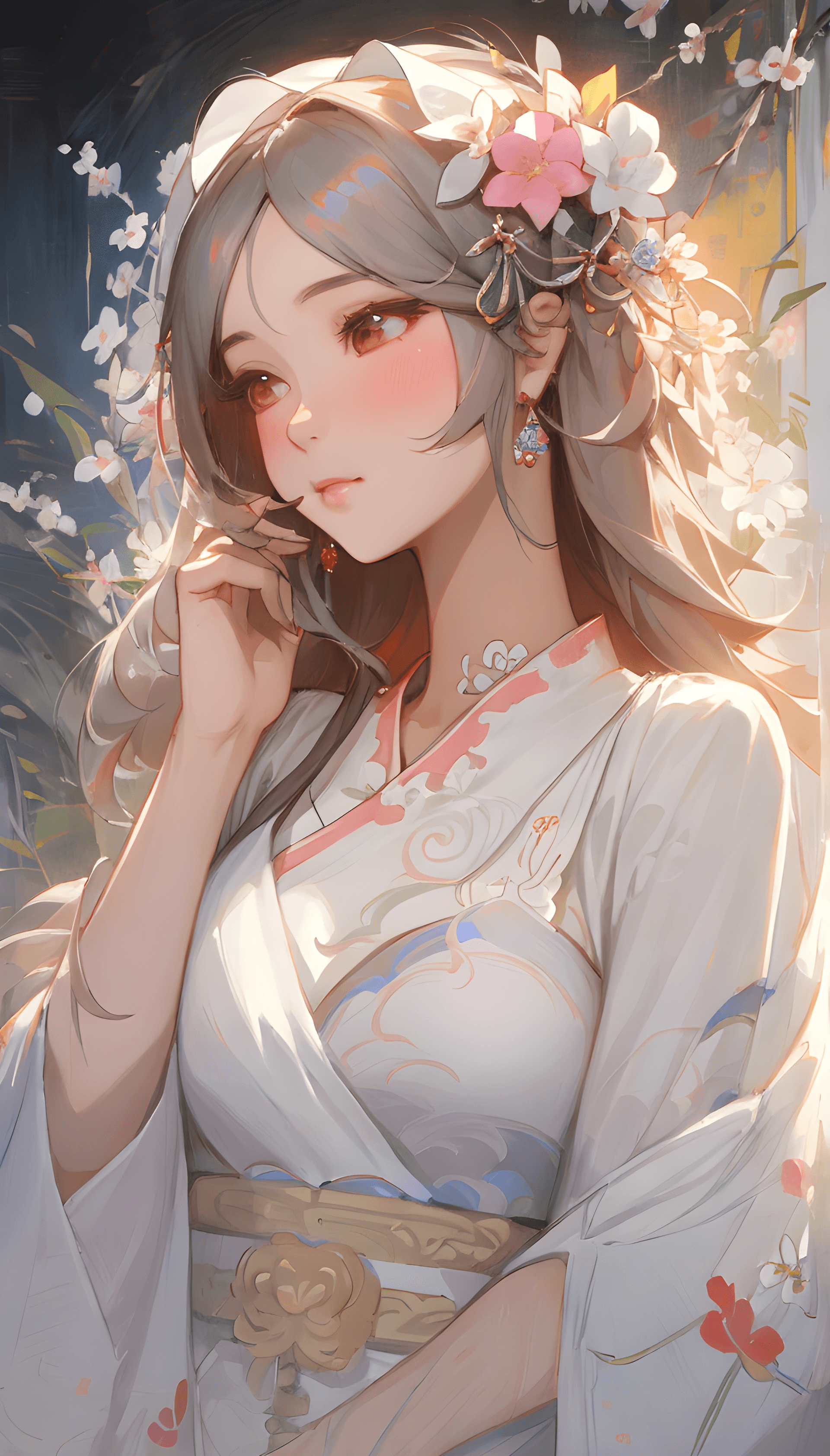 AI generated: a woman in a white dress with a flower in her hair, by Lü Ji, korean artist, by Pu Hua, portrait of ...
