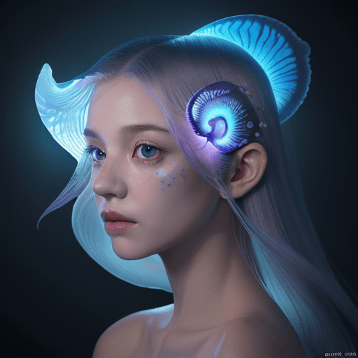 AI generated: Goddess close-up portrait ribcagel. jellyfish phoenix head, nautilus, orchid, skull, betta fish, bio...