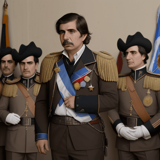 AI generated: Characters: Juan Manuel de Rosas, government officials, soldiers.
Description: A determined Juan Man...