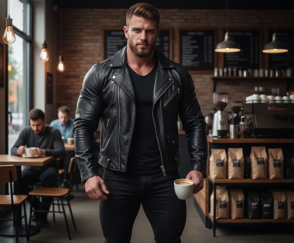 AI generated: Bodybuilder at a coffee shop wearing a leather jacket and black jeans bigger shoulders and legs