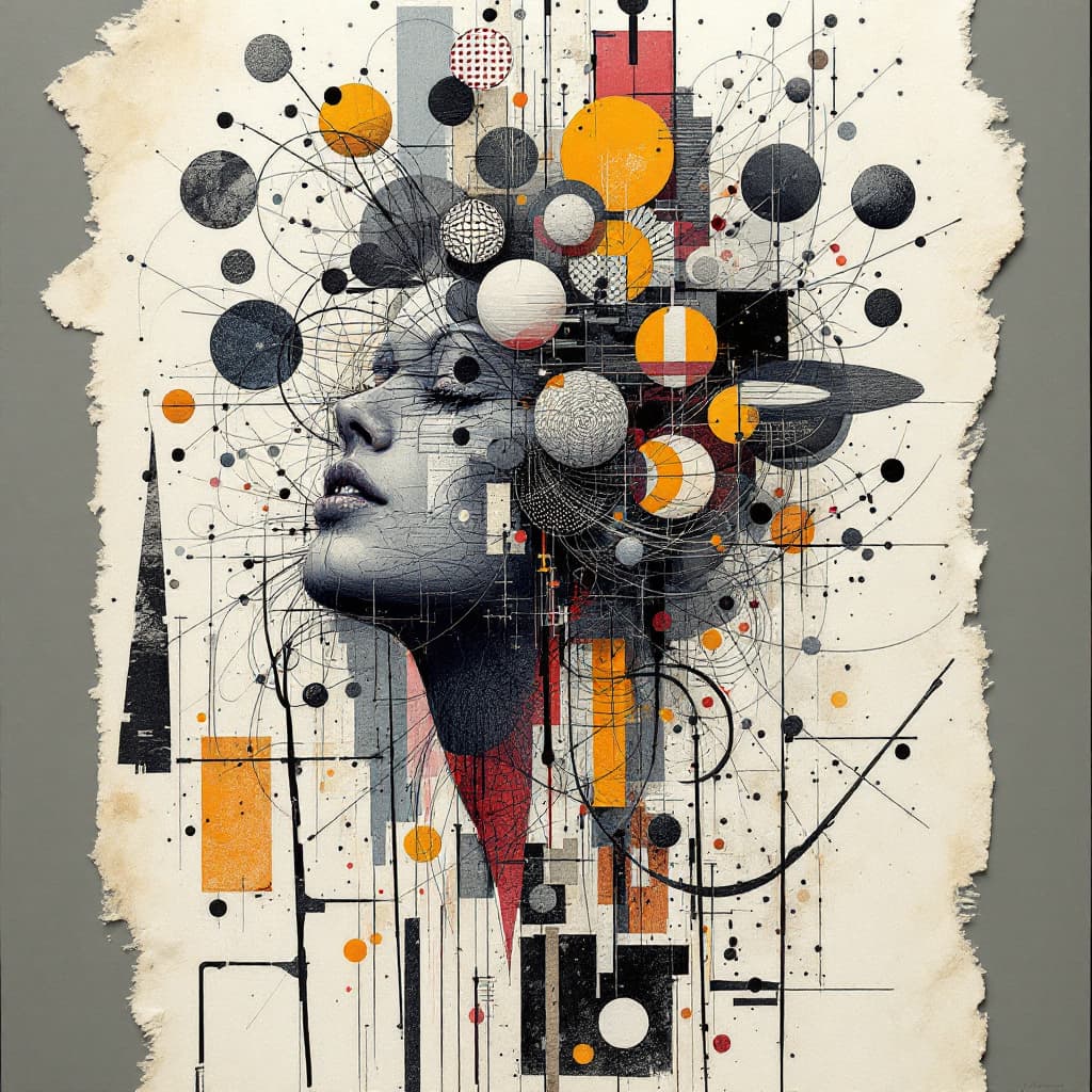 AI generated: A complex line illustration artistic, collage, torn newspaper, abstract, front, synthetic human, com...