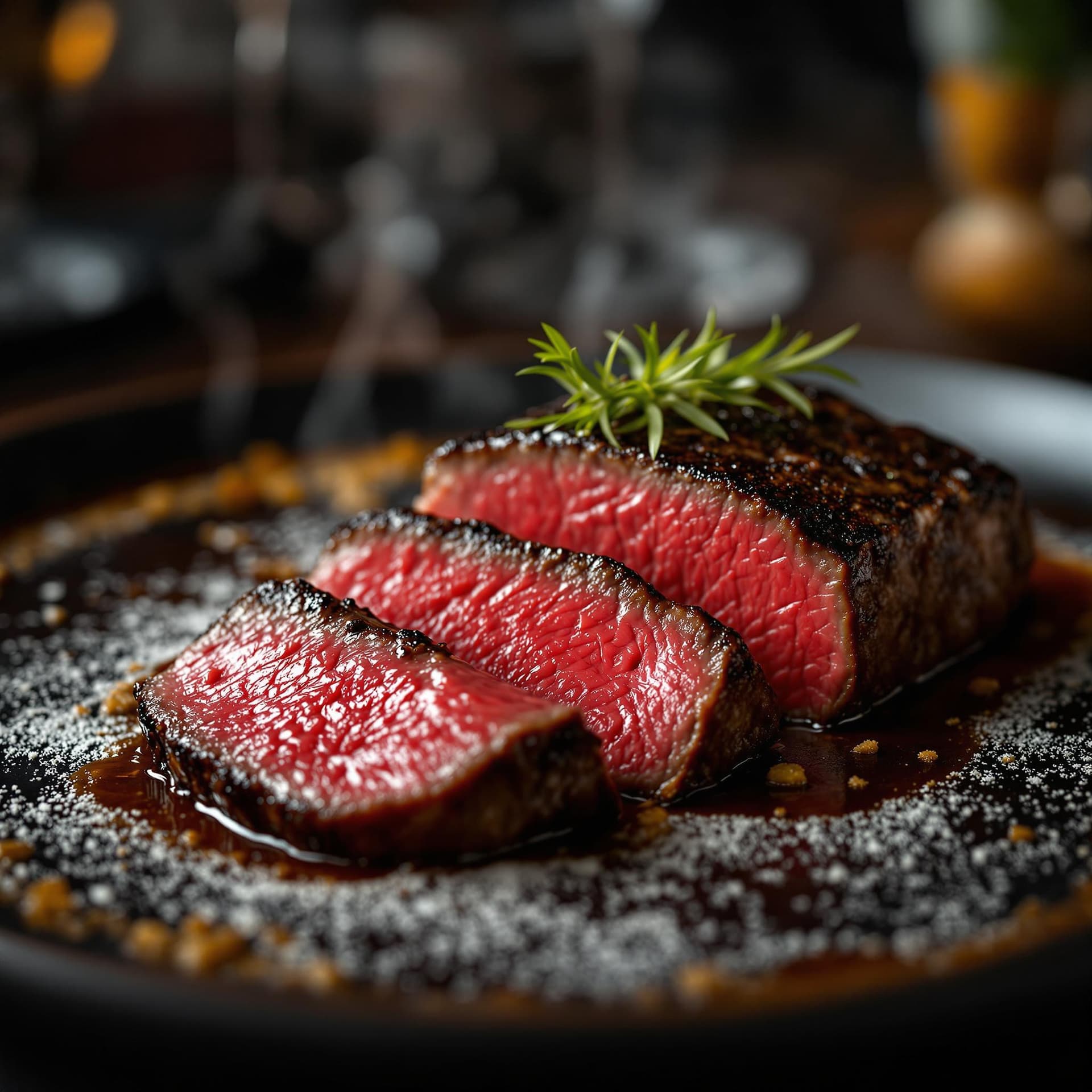 AI generated: Capture a close-up shot of a mouth-watering sliced beef medium rare barbeque , exuding tempting allu...