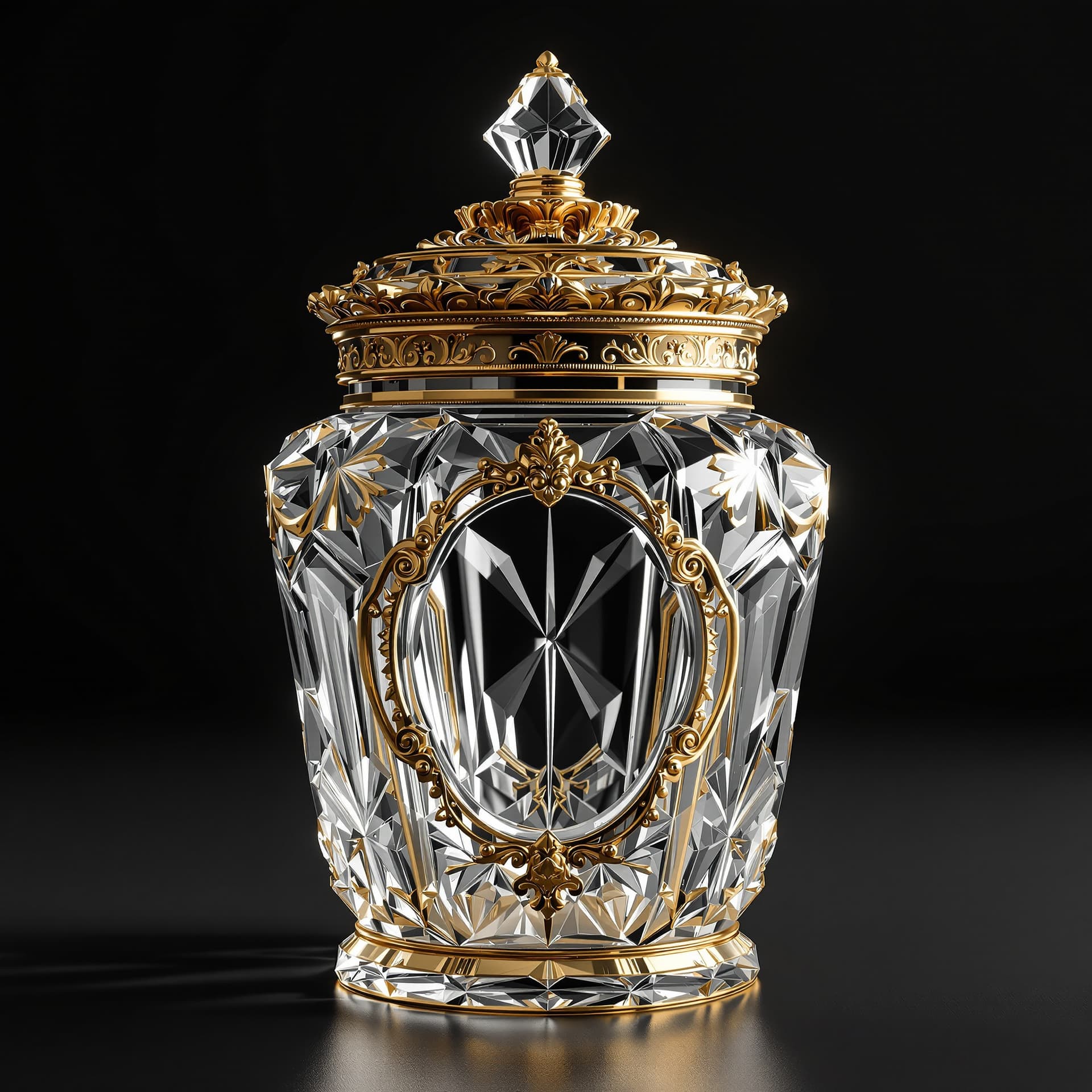 AI generated: Elegant Classic Jar Crystal Glass with an ornate detailed gold lid, there is a cut in the middle of ...