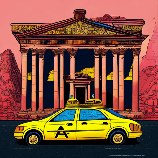 AI generated: a study of cell shaded cartoon of a taxi cab on the front of the treasury in petra, side view, illus...