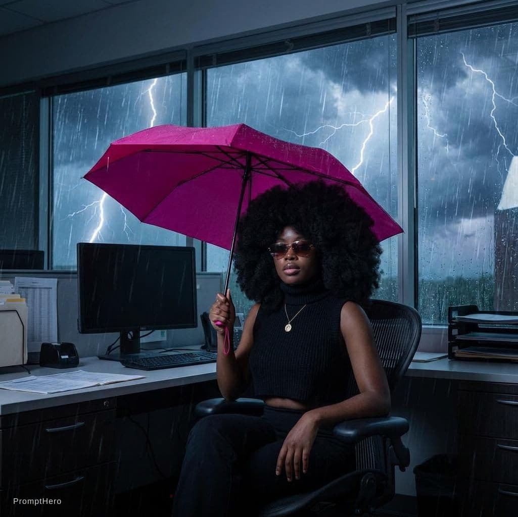 AI generated: A woman wearing a sleeveless black turtleneck crop top sweater, sitting in an office chair during a ...