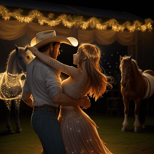 AI generated: a cowboy dancing with his girl under fairy lights at dusk and horse in the back
