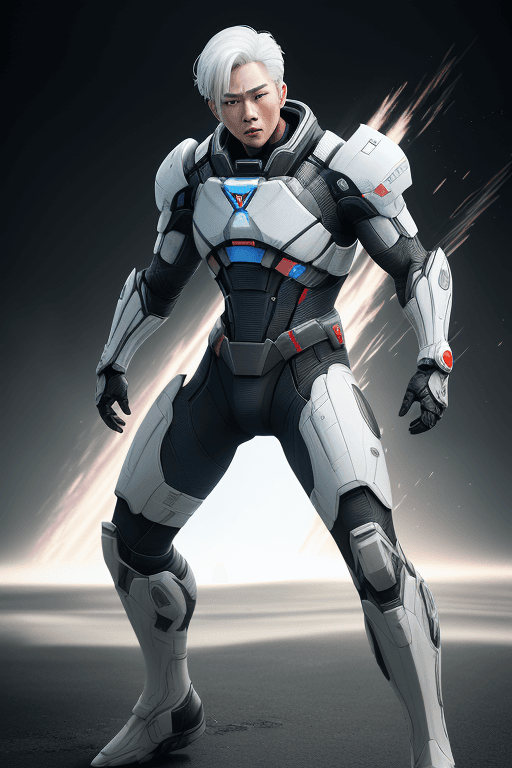 AI generated: (1man, full body), action scene, dynamic pose, handsome Korean man, kpop idol, wearing Mass Effect a...